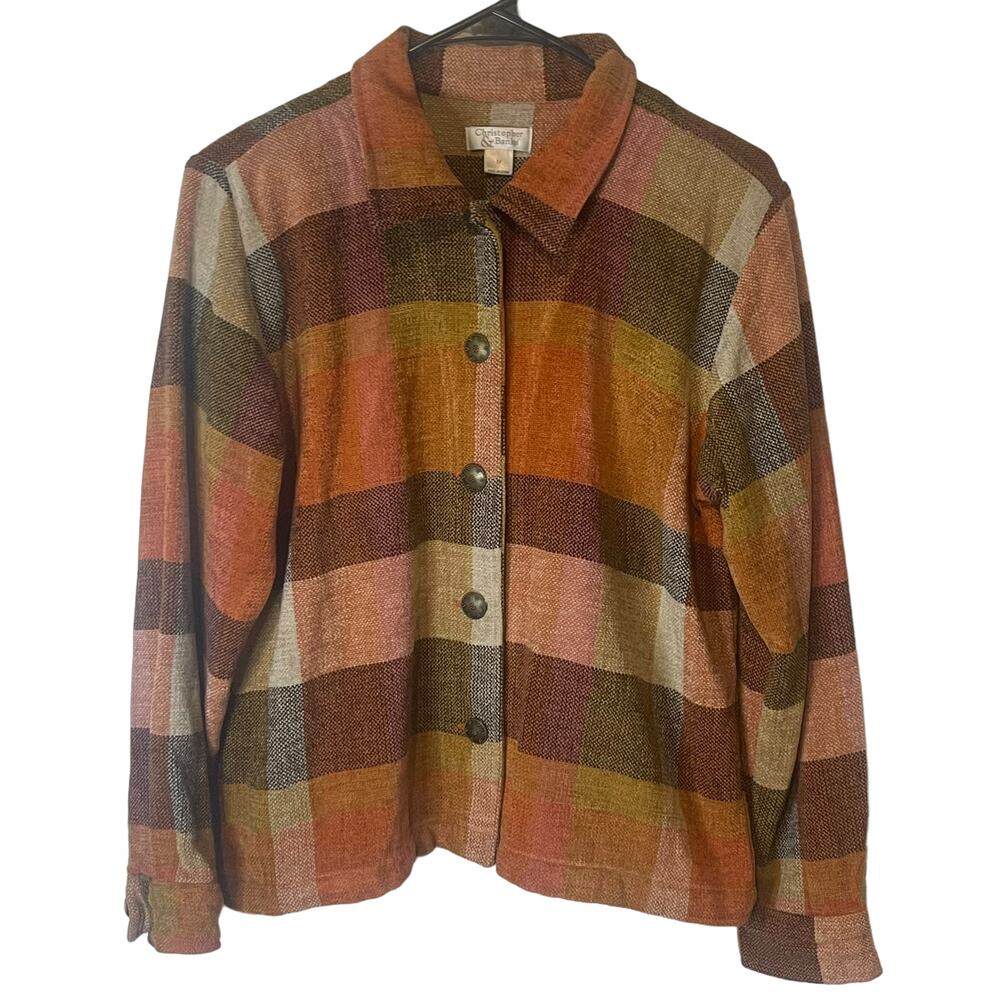 Christopher & Banks Women Medium Plaid‎ Fall Orange Red Shacket Button Up